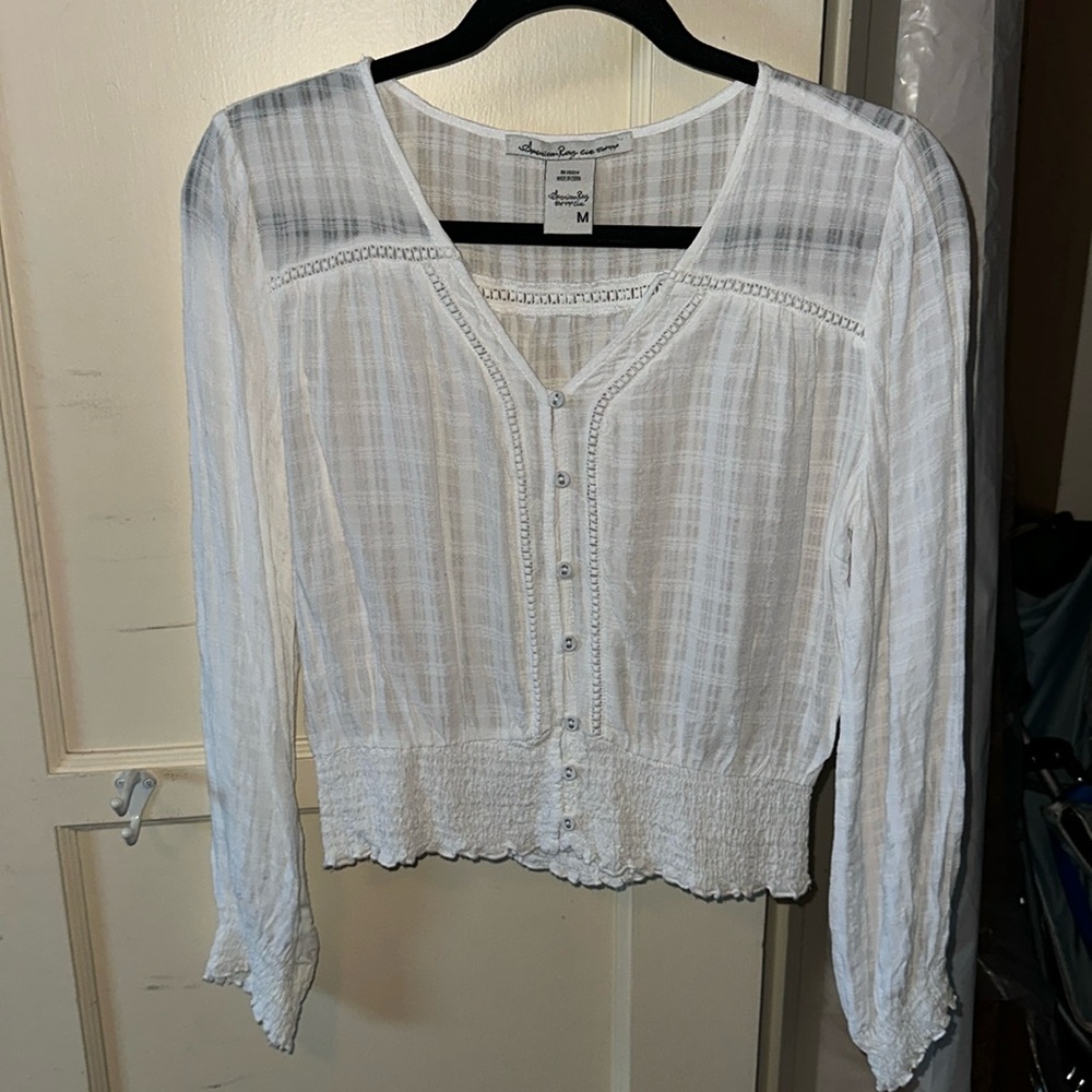 White Elastic Waist Button Down Blouse